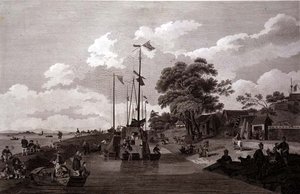 宝应湖的景色，它与大运河被土堤分隔开来，由威廉（1747-1810）和伊丽莎白-埃利斯雕刻，由G.尼科尔出版。 作者 威廉（后）亚历山大