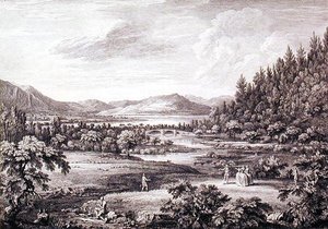 从Ulswater向Pooley Bridge方向看，由Chatelin和Canot刻制（雕刻）。 作者 威廉（后）贝勒斯