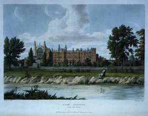 从河边看伊顿公学，出自《伊顿公学史》，《公学史》的一部分，由Joseph Constantine Stadler（fl.1780-1812）雕刻，由R. Ackermann出版。 作者 威廉（继）韦斯托尔