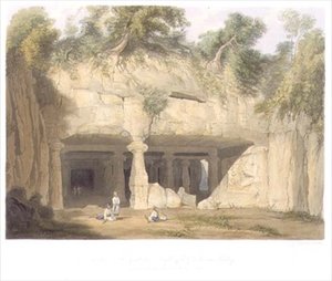 1803年孟买附近的埃莱芬塔大洞寺的外观，摘自《印度风光、服饰和建筑》第二卷，由S.G. Hughes雕刻，由Smith, Elder and Company出版。 作者 威廉（继）韦斯托尔
