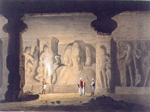 1803年，孟买附近的埃莱芬塔洞穴寺庙中的大三合院，摘自《印度的风景、服饰和建筑》第二卷，由T.Edge雕刻，由Smith, Elder and Company出版。 作者 威廉（继）韦斯托尔