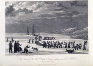 1819 年 9 月 26 日，H.M.S. Hecla 和 Griper 号船员驶入冬港，插图选自《发现从大西洋到太平洋的西北航道航海日志......》。 作者 威廉（继）韦斯托尔