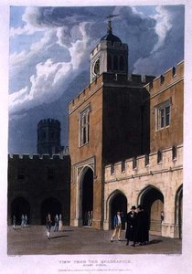 拉格比学校四合院的景色，出自《拉格比学校的历史》，《学院的历史》的一部分，由丹尼尔-哈维尔（1785-1826）雕刻，由R. Ackermann出版。