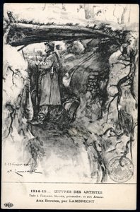 第一次世界大战 - 第 14-18 次战争（1914-1918 年） - 第一次世界大战（WWI 或 WW1）：法国，爱国地图，显示一名士兵在战壕中观察前线的图画，标题为："倾听 作者 威廉·阿道夫·兰布雷希特