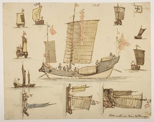 120 艘船 "林浦河与珠山之间"，选自马戛尔尼勋爵于 1792 年至 1794 年间出使中国期间绘制的 372 幅风景、海岸线、服饰和日常生活图册（纸面铅笔和水彩画） 作者 威廉·亚历山大
