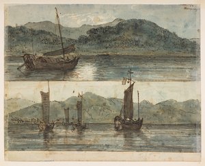 146v 河景。17 年 11 月的月光"，选自马戛尔尼勋爵于 1792 年至 1794 年间出使中国期间绘制的 372 幅风景、海岸线、服饰和日常生活画册（纸面铅笔和水彩画） 作者 威廉·亚历山大