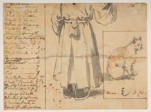 180 猫、人物和亚历山大的行李清单，选自马戛尔尼勋爵于 1792 年至 1794 年间出使中国期间绘制的 372 幅风景、海岸线、服饰和日常生活画册（纸面铅笔和水彩画） 作者 威廉·亚历山大