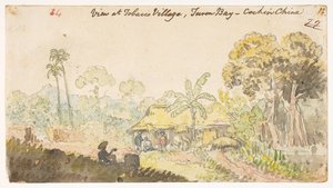 34 "图伦湾烟草村的景色--中国科钦"，选自马戛尔尼勋爵于 1792 年至 1794 年间使节中国期间绘制的 372 幅风景、海岸线、服饰和日常生活画册（纸面铅笔和水彩画） 作者 威廉·亚历山大