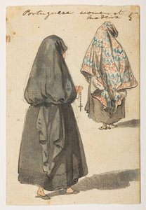 5 "Portugueze women at Madiera."，选自马戛尔尼勋爵于 1792 年至 1794 年间出使中国期间绘制的 372 幅风景、海岸线、服饰和日常生活画册（纸面铅笔和水彩画） 作者 威廉·亚历山大
