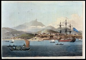 位于St. Jago岛的Porto Praya，由John Medrow（1764-1848）拍摄的“A Voyage to Cochinchina”中的板4，由Thomas Medland（1755-1823）1806（aquatint）刻