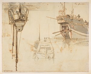 f.58 145v Boat.林浦河。11 月 20 日"，选自马戛尔尼勋爵于 1792 年至 1794 年间出使中国期间绘制的 372 幅风景、海岸线、服饰和日常生活画册（纸面铅笔和水彩画）