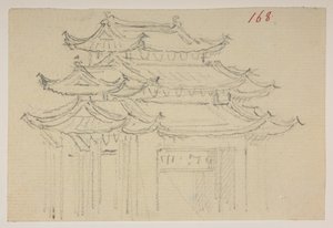 f.63 168 Temples.，选自马戛尔尼勋爵于 1792 年至 1794 年间出使中国期间绘制的 372 幅风景、海岸线、服饰和日常生活画册（纸面铅笔和水彩） 作者 威廉·亚历山大