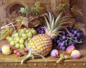 梳妆台上的菠萝、葡萄、桃子、草莓和榛子静物画