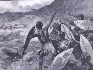 在Matoppo Hills战斗：Matabele的指控，插图来自英格兰的Cassells历史，20世纪 作者 威廉·巴恩斯（William Barnes）羊毛