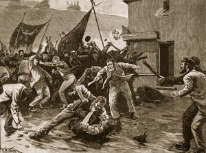 1886年贝尔法斯特的骚乱，“卡塞尔的英国插图史”中的插图（棕褐色照片） 作者 威廉·巴恩斯（William Barnes）羊毛