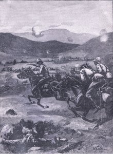 Colenso之战：Lietenant Roberts疾驰而下，将枪支发现给枪支。插图来自英国的Cassells历史，20世纪 作者 威廉·巴恩斯（William Barnes）羊毛