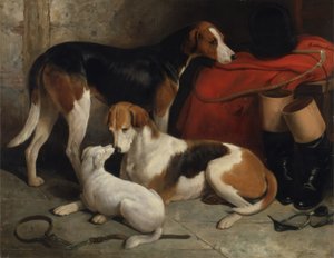 一对亨利·本丁克勋爵的猎狐犬与梗犬，摄于1845年（布面油画） 作者 威廉·巴罗