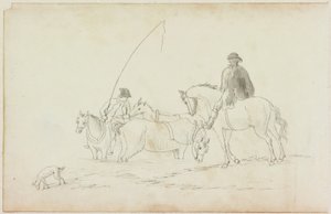 马背上的两个男人与两匹马和狗（铅笔和水彩（洗）在纸上（与M751纸上）） 作者 威廉·比尔比
