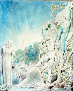 科摩斯遇到了忙着采摘水果喂养夫人的兄弟之一。19世纪（水彩画） 作者 威廉·布雷克