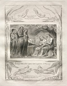 约伯记：Pl。 19，每个人还给了他一块钱，1825年。 作者 威廉·布雷克