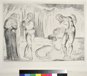 盗贼圈：Buoso Donati被蛇，Inferno，Canto XXV攻击，由Dante Alighieri拍摄的“神曲”，1827年 作者 威廉·布雷克