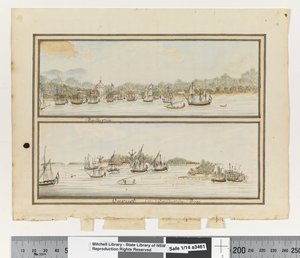 Opp. p. 292.巴达维亚 "和 "巴达维亚湾的海岛"，约1802年（水彩画）。 作者 威廉布拉德利