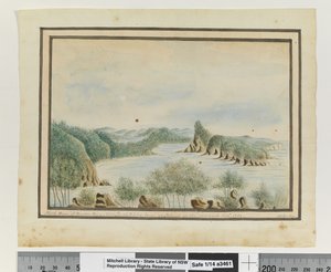 Opp. p. 92.新南威尔士州布罗肯湾的北臂，从入口处的一个岛看，1789年9月"，约1802年（水彩）。 作者 威廉布拉德利