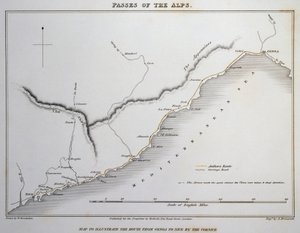 海上阿尔卑斯山山口地图，热那亚和尼斯之间的沿海公路，选自《意大利与法国、瑞士和德国交通的阿尔卑斯山山口插图》，威廉-布罗克顿（1787-1854 年）著，铜版画，伦敦 作者 威廉·布罗克顿