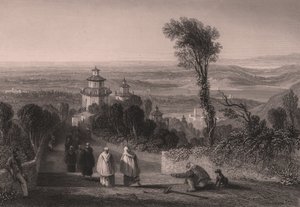 从意大利伦巴第瓦雷泽的圣山（Sacro Monte）俯瞰，T Willmore 根据 William Brockedon（1787-1854 年）的画作所作的钢板雕刻，约 23x18 厘米 作者 威廉·布罗克顿