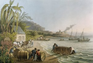 从1823年伦敦W. Clark出版的“安提瓜岛的十个景观”中登上并放置糖Hogsheads（板块X）（彩色aquatint）