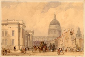 邮局，St Martins le Grand，伦敦，与圣保罗在远处（铅笔和纸上的wc） 作者 克拉克森·弗雷德里克·斯坦菲尔德