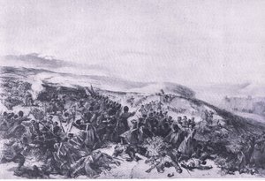 当他们在Inkerman战役中重新夺回两个枪炮电池时的第二次攻击，1915年英国陆地和海上战役的插图 作者 威廉·克里米亚·辛普森