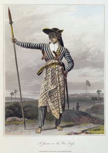 穿着战衣的爪哇人，图5来自托马斯-斯坦福-莱佛士（1781-1826）出版的《爪哇历史》第一卷。1817年（彩色水印）。