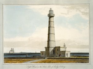 开始时的灯塔，奥克尼郡桑迪岛，1814年至1825年间“英国环球旅行”，1821年出版 作者 威廉·丹尼尔