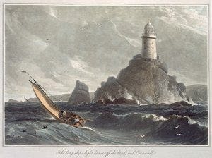 1814年出版的“1814年到1825年之间的英国航行”第一卷的康沃尔郡Lands End长船灯塔（aquatint） 作者 威廉·丹尼尔