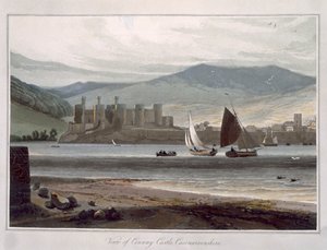 卡纳冯郡康威城堡的景色，摘自《1814年至1825年期间环游大不列颠的航行》，1815年出版（彩色版画）。 作者 威廉·丹尼尔