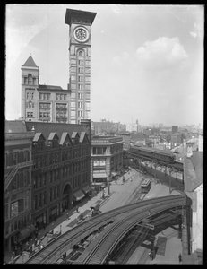 1914年9月5日，Flatbush大道和富尔顿街，布鲁克林，纽约的交叉点的高角度视图 作者 威廉·戴维斯·哈斯勒