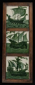 全速航行的船的瓷砖面板，带框架，c.1865-80（陶瓷） 作者 威廉·德·摩根