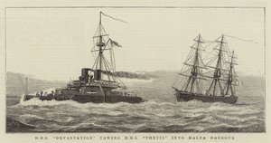 HMS毁灭将HMS Thetis拖入马耳他港 作者 威廉·爱德华·阿特金斯