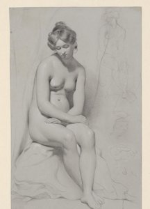 坐姿裸体女模特，高高的发型，旁边再画素描 作者 威廉·埃蒂