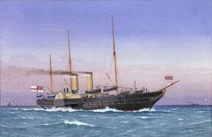 皇家游艇 "奥斯本 "号（1870 年），蒸汽十足，风帆折叠，行驶在海上。水彩画 作者 威廉·弗雷德里克·米切尔