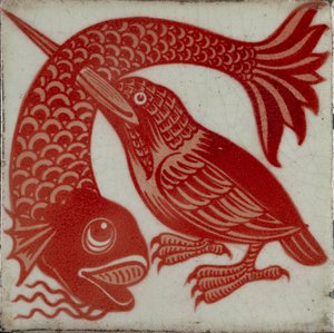 带喙穿鱼的翠鸟瓦片，1882-1888年 作者 威廉·弗兰德·德·摩根