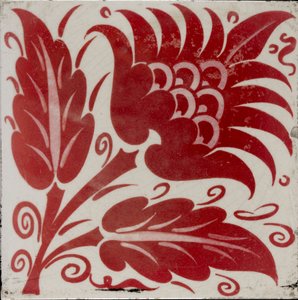 带有两片叶子和卷须的风格化花朵的瓦片，1882-1888年 作者 威廉·弗兰德·德·摩根