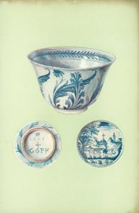 碗，可能是在比萨制作的，日期为1638年（彩色平版印刷）。 作者 威廉·吉布