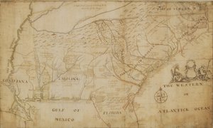 北美东南部地图，1721年（笔和墨水在纸上洗）