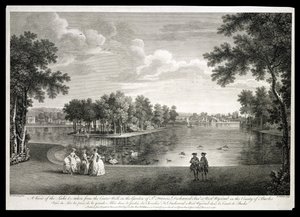 从中心步行的湖景在白金汉郡西威科姆的花园中行走，由William Woollett（1735-85）雕刻 作者 威廉·汉南