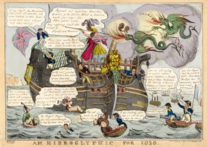 1830年的象形文字，出版。1830年手绘版画。 作者 威廉·希思