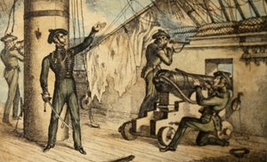 船上步枪兵在一艘身份不明的战舰上行动，第1835页（手工彩色蚀刻） 作者 威廉·希思