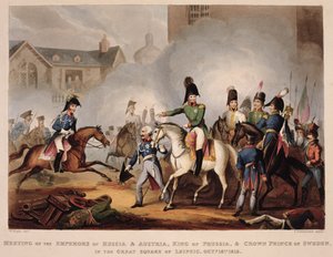 1813年10月18日，在英国和她的Al的军事成就中，俄罗斯和奥地利皇帝，普鲁士国王和瑞典王储在Leipsic大广场举行会议 作者 William Heath
