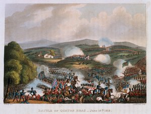 1815年6月16日的Quatre Bras战役，由Thomas Sutherland雕刻，1815年（彩色aquatint） 作者 威廉·希思